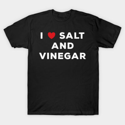 Black "I Love Salt and Vinegar" T-shirt with white text and red heart, casual cotton design, unisex style.