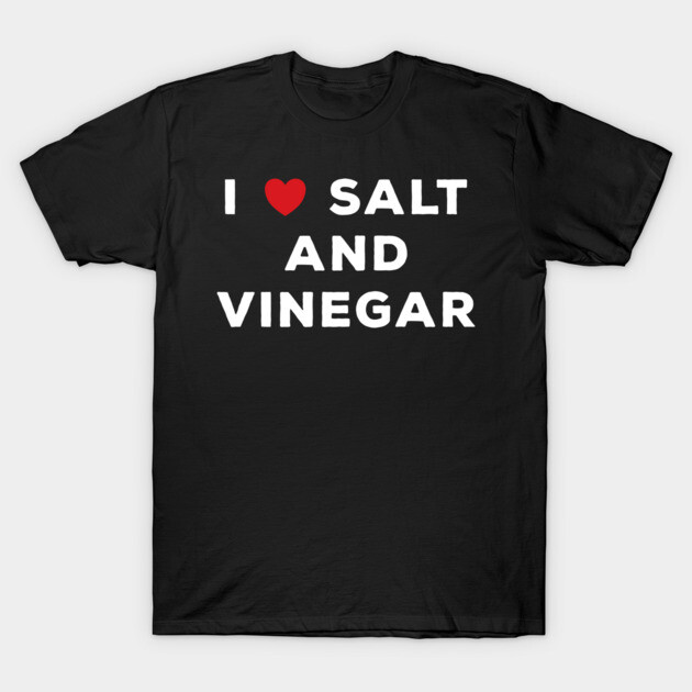 Black "I Love Salt and Vinegar" T-shirt with white text and red heart, casual cotton design, unisex style.