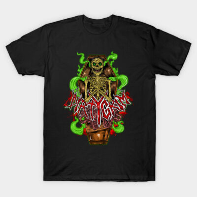Black graphic T-shirt with skeleton and neon green accents, perfect for casual wear or Halloween-themed events.