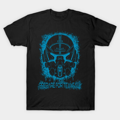 Black T-shirt with blue futuristic helmet graphic and "Prepare for Titanfall" text, casual cotton top for gaming fans.