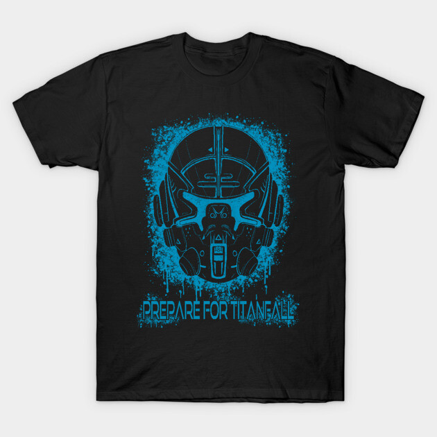 Black T-shirt with blue futuristic helmet graphic and "Prepare for Titanfall" text, casual cotton top for gaming fans.
