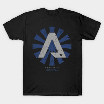 Black graphic tee with blue and gray abstract logo design, perfect for casual wear. Cotton material, unisex style.