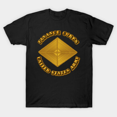 Black t-shirt with gold US Army Finance Corps emblem, unisex casual military style, cotton material.