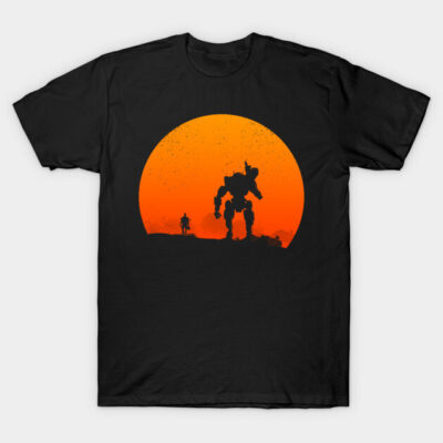 Black t-shirt with orange sunset and robot silhouette graphic, casual style, cotton material, ideal for sci-fi fans.