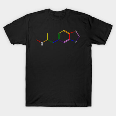 Black t-shirt with colorful serotonin molecule design, casual style, cotton fabric, perfect for science enthusiasts.