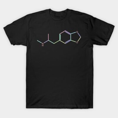 Black cotton t-shirt with colorful chemical structure design, casual wear, unisex style, comfortable fabric.