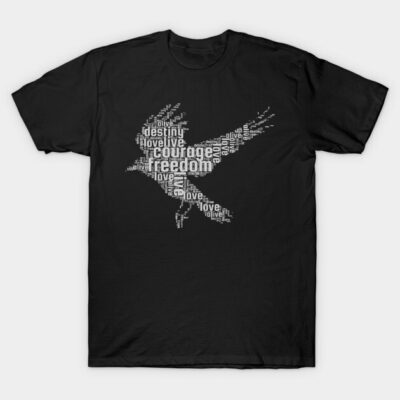 Black t-shirt with white word art design of an eagle; casual style, cotton material, perfect for everyday wear.