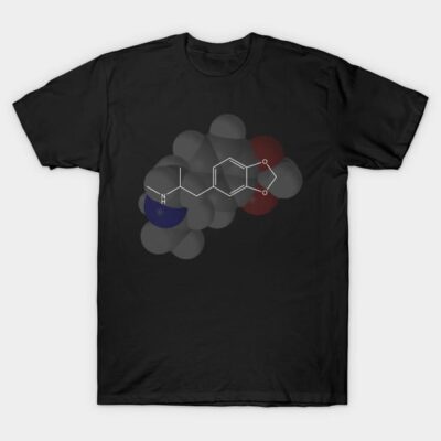 Black T-shirt with serotonin molecule design, casual style, soft cotton material, perfect for science enthusiasts.