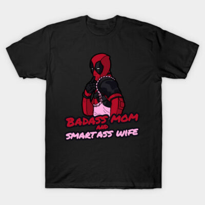 Black graphic T-shirt with humorous red and pink print, featuring a masked character and bold text for moms and wives.