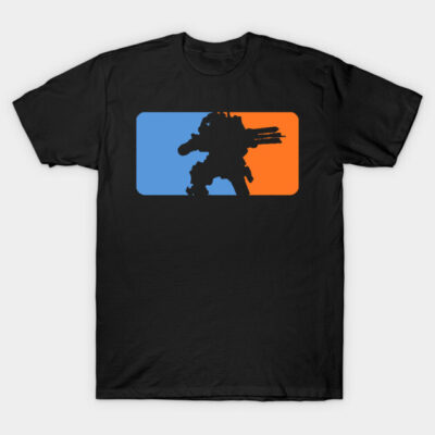 Black T-shirt featuring a robot silhouette design with blue and orange background, casual wear, cotton material.