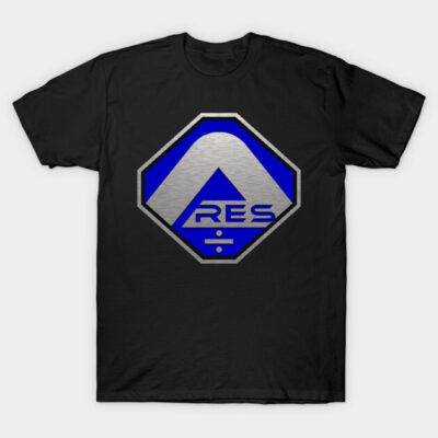 Black t-shirt with geometric blue and silver logo design, casual wear, cotton material, unisex style.