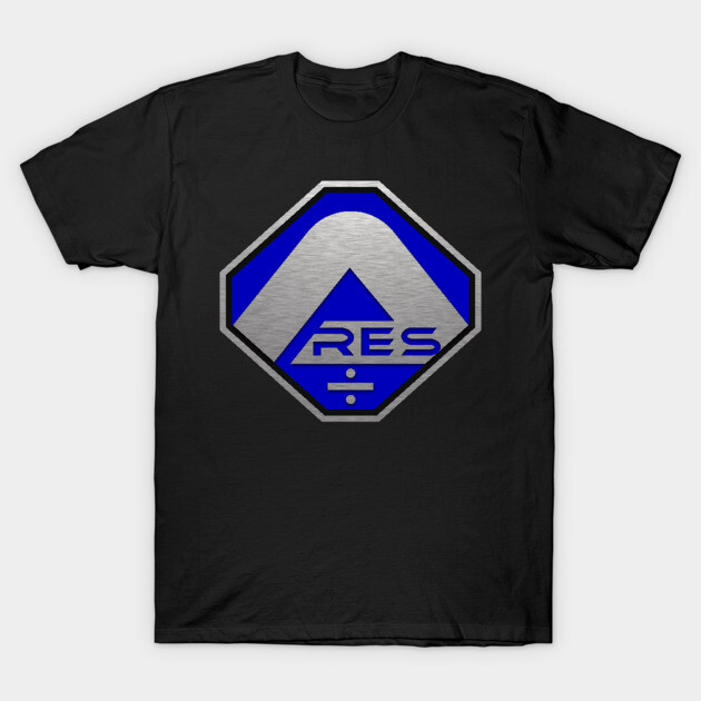 Black t-shirt with geometric blue and silver logo design, casual wear, cotton material, unisex style.