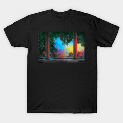 Black t-shirt with vibrant abstract landscape design, featuring colorful nature scene for casual wear.