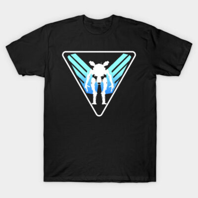 Black t-shirt with futuristic robot design, blue accents, triangle shape. Ideal for tech enthusiasts. Cotton material.