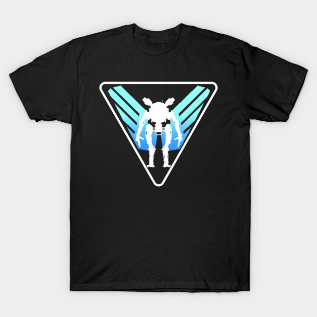 Black t-shirt with futuristic robot design, blue accents, triangle shape. Ideal for tech enthusiasts. Cotton material.