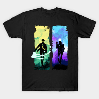 Black graphic t-shirt with colorful abstract design, featuring two silhouetted figures, casual wear, cotton material.