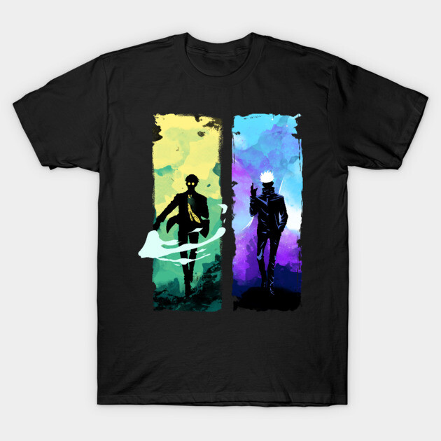 Black graphic t-shirt with colorful abstract design, featuring two silhouetted figures, casual wear, cotton material.