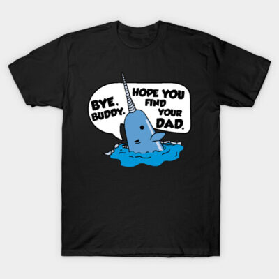 Black T-shirt featuring a cute blue narwhal graphic with a humorous quote, perfect for casual wear.
