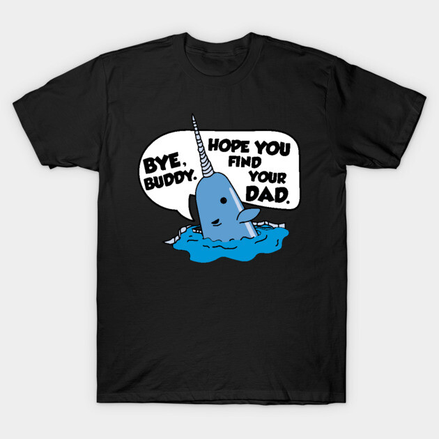 Black T-shirt featuring a cute blue narwhal graphic with a humorous quote, perfect for casual wear.