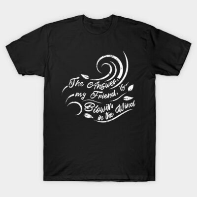 Black T-shirt with white "Blowin' in the Wind" text, casual style, soft cotton, ideal for everyday wear.
