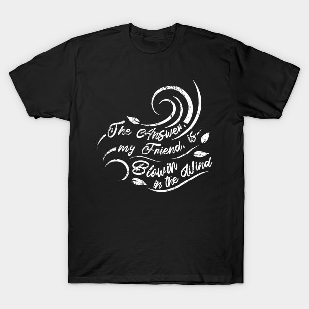 Black T-shirt with white "Blowin' in the Wind" text, casual style, soft cotton, ideal for everyday wear.
