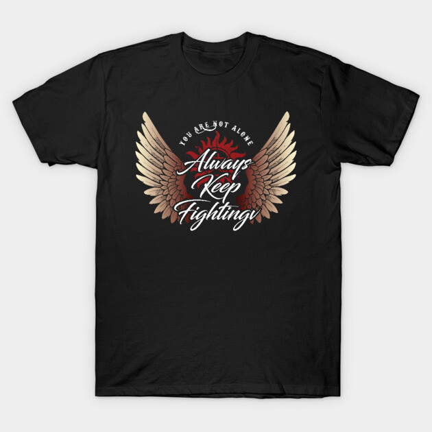 Black t-shirt with motivational "Always Keep Fighting" text and wing design, cotton fabric, casual unisex style.