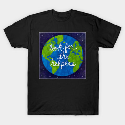 Black T-shirt with Earth graphic and "look for the helpers" text, casual style, perfect for everyday wear.