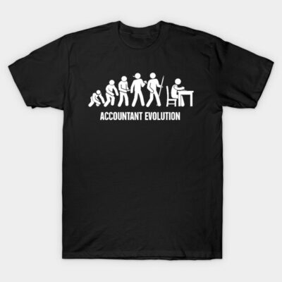 Black cotton t-shirt with white "Accountant Evolution" graphic, casual style for office humor or gift.