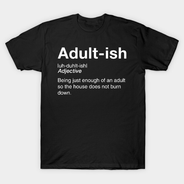 Black T-shirt with white "Adult-ish" text, casual style, humorous definition print, cotton material, unisex design.