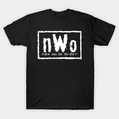 Black cotton t-shirt with "nWo new world order" graphic design, casual style, soft material, perfect for everyday wear.