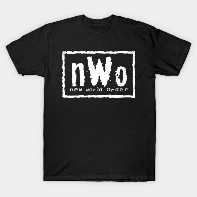 Black cotton t-shirt with "nWo new world order" graphic design, casual style, soft material, perfect for everyday wear.