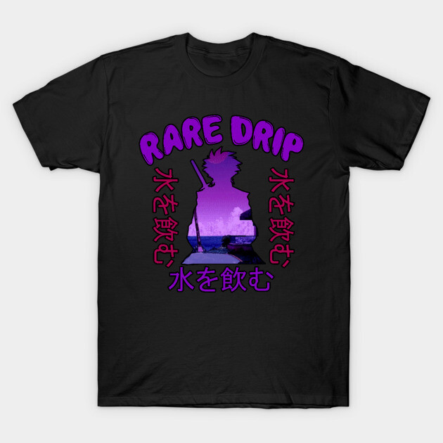 Black t-shirt with purple "Rare Drip" graphic and Japanese text, featuring anime silhouette design for casual wear.