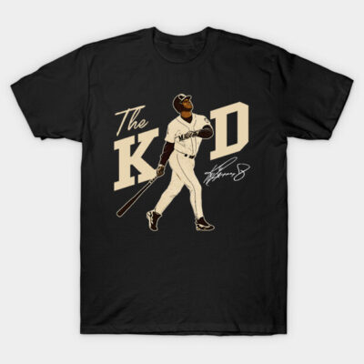 Black "The Kid" baseball-themed t-shirt, featuring vintage player design, cotton material, casual wear.