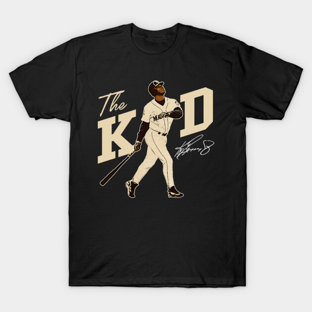 Black "The Kid" baseball-themed t-shirt, featuring vintage player design, cotton material, casual wear.