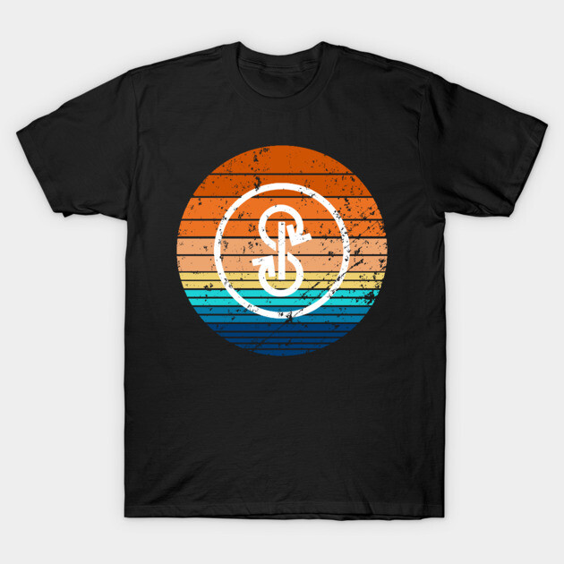 Black T-shirt with retro sunset graphic and abstract logo, casual wear, soft cotton material.