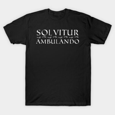 Black t-shirt with "Solvitur Ambulando" text design in white, featuring a minimalist style, made from cotton.
