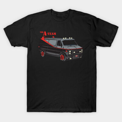 Black t-shirt featuring vintage van graphic, A-Team theme, casual wear, 100% cotton, unisex style.