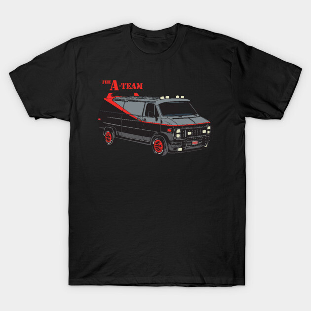 Black t-shirt featuring vintage van graphic, A-Team theme, casual wear, 100% cotton, unisex style.