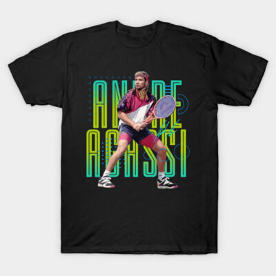 Black t-shirt with retro tennis graphic, vibrant colors, sporty style, ideal for casual wear.