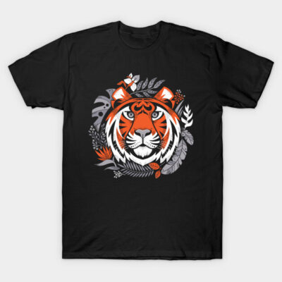 Black t-shirt with vibrant tiger and floral graphic design, perfect for casual wear. Soft cotton material, unisex style.