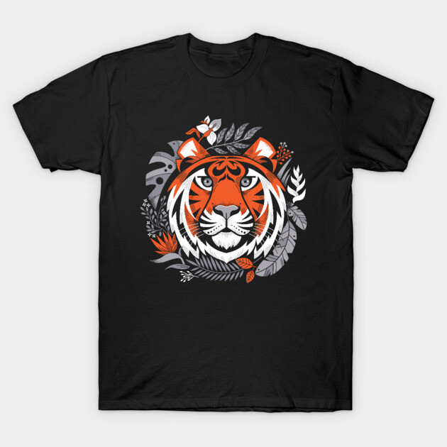 Black t-shirt with vibrant tiger and floral graphic design, perfect for casual wear. Soft cotton material, unisex style.