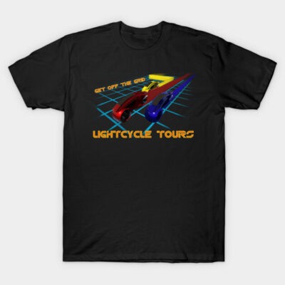 Black t-shirt with retro grid design featuring colorful futuristic bikes and bold text, perfect for sci-fi fans.