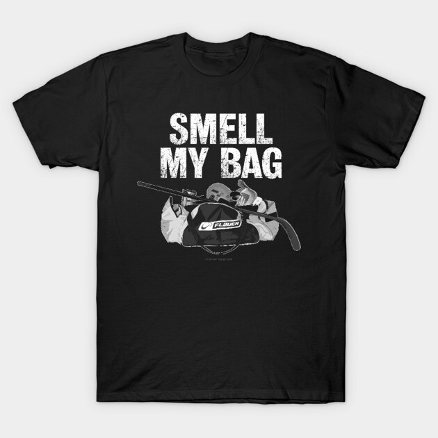 Black novelty t-shirt with "Smell My Bag" text and hockey gear graphic, perfect for casual wear or sports enthusiasts.