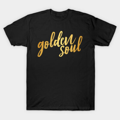 Black "Golden Soul" T-shirt with gold script text, casual style, cotton material, perfect for everyday wear.