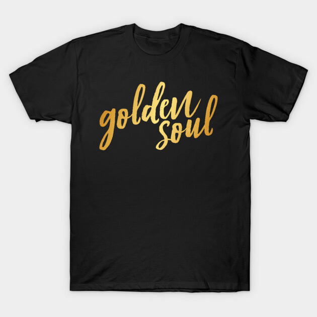 Black "Golden Soul" T-shirt with gold script text, casual style, cotton material, perfect for everyday wear.