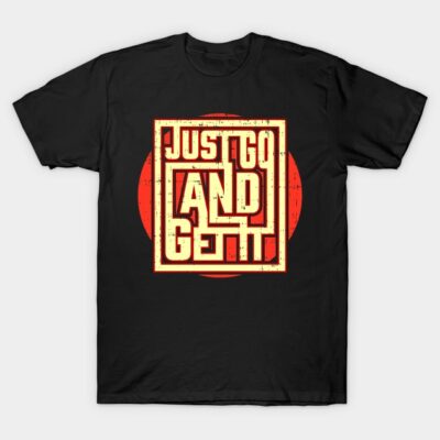 Black t-shirt with bold red and white graphic text design, casual style, ideal for everyday wear.