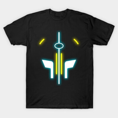 Black t-shirt with neon blue and yellow abstract geometric design, casual wear, soft cotton fabric.