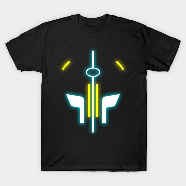 Black t-shirt with neon blue and yellow abstract geometric design, casual wear, soft cotton fabric.