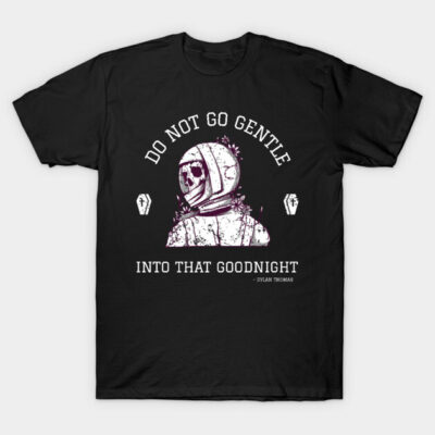 Black graphic t-shirt featuring astronaut skull design and text, ideal for casual wear, made from soft cotton material.