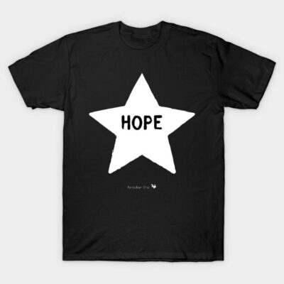 Black t-shirt with white star and "HOPE" text, casual wear, soft cotton material, unisex style, motivational design.
